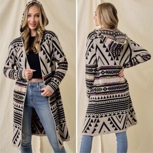Oatmeal Multi Rainbow Aztec Jacquard Hooded Knit Open Cardigan Western Sweater